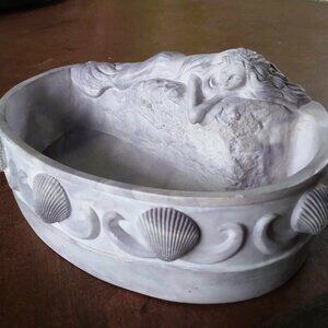 Sculpted Reclining Mermaid with Shells on Oval Carved Soapstone Trinket Dish